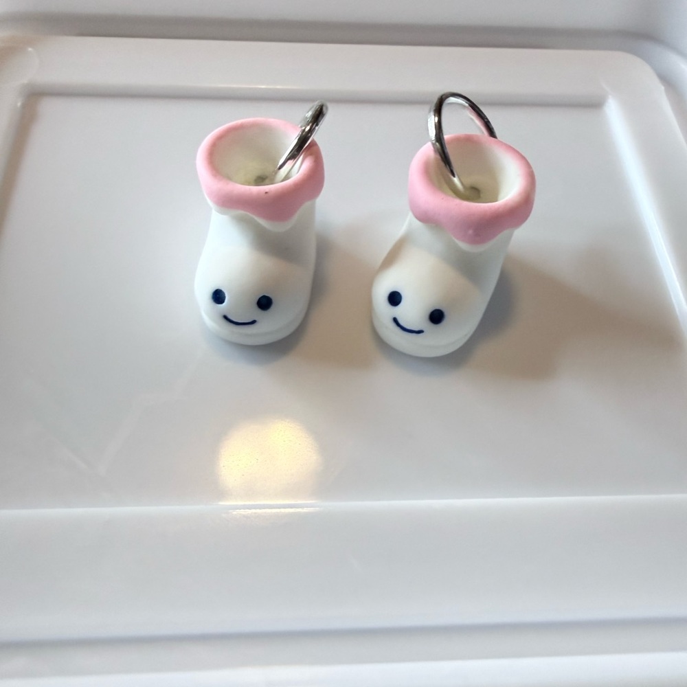 Cute Baby Bootie Charm Pair - White with Pink Cuffs